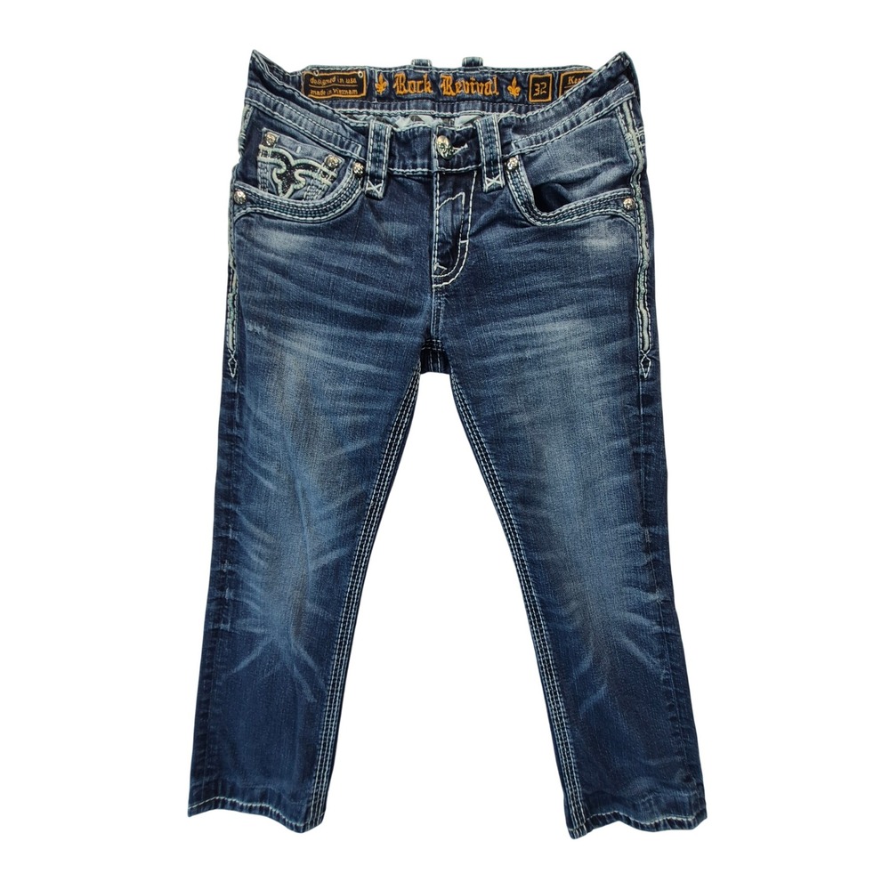 Rock Revival Keaton Slim Straight Jeans Mens 32 Blue Embroidered EP9216SJ200R